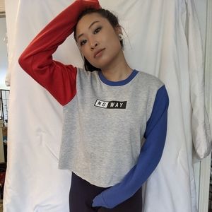 "No Way" cropped sweatshirt dual color sleeves